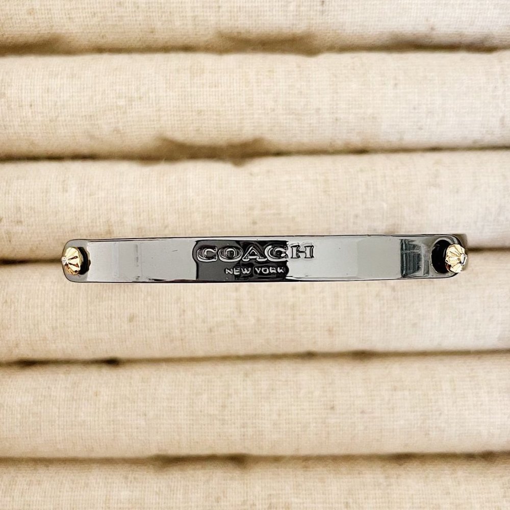 COACH logo bracelet bangle, gun metal / pewter / silver with gold accents